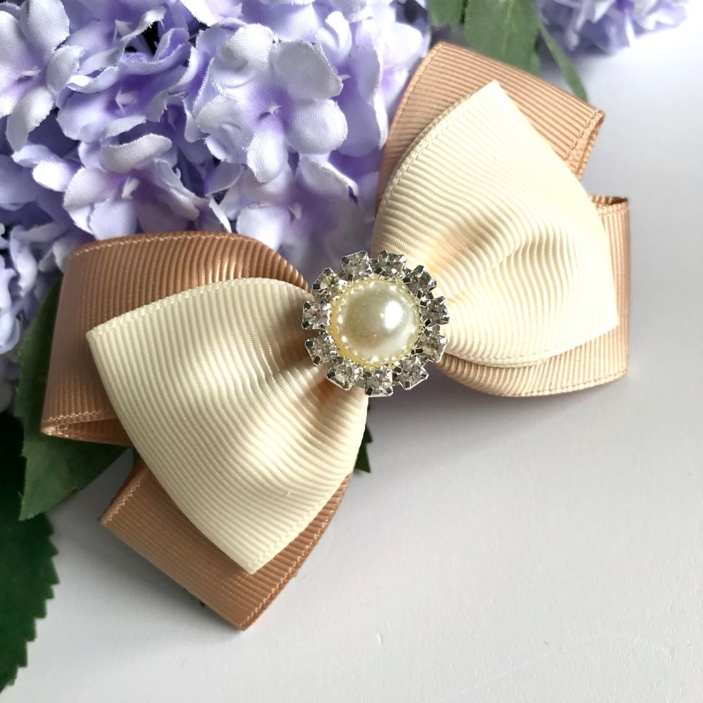 3.5 inch Double Tux Bow - Natural and cream ribbon - Alligator clip